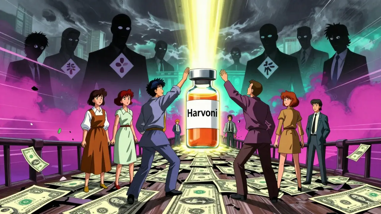 Patients reaching for a healing drug on a bridge made of money, while corporate shadows loom in a dystopian sky.