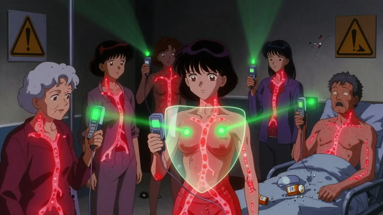Patients with glowing genetic strands and Lactate Scout+ devices, contrasting danger and hope in 80s anime style.
