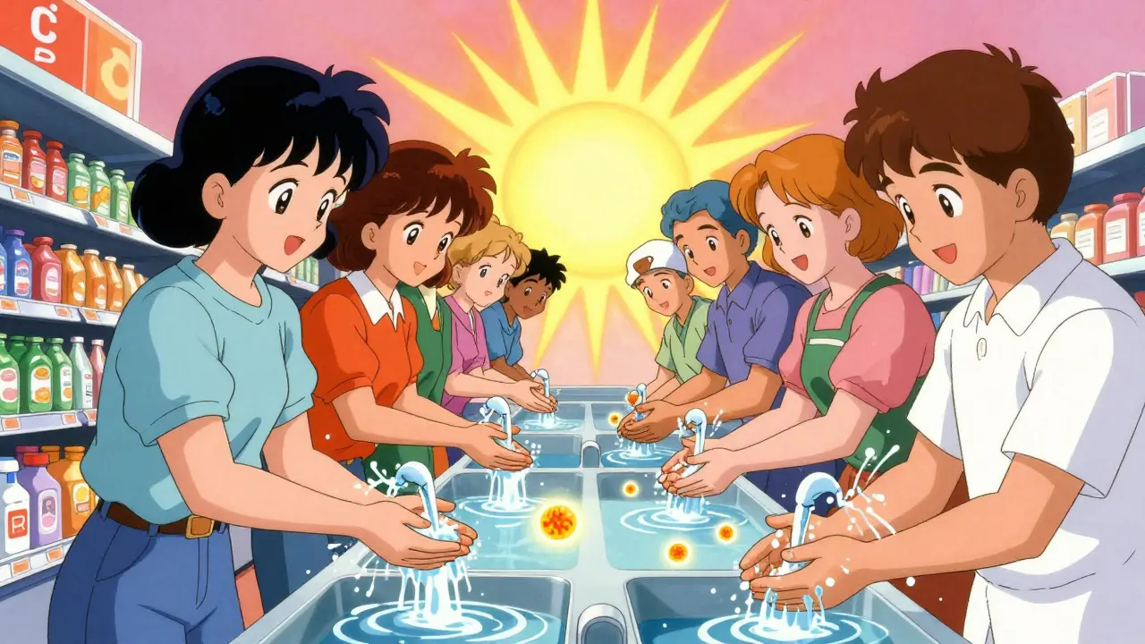 People washing hands to prevent C. diff, with spores disappearing under running water.