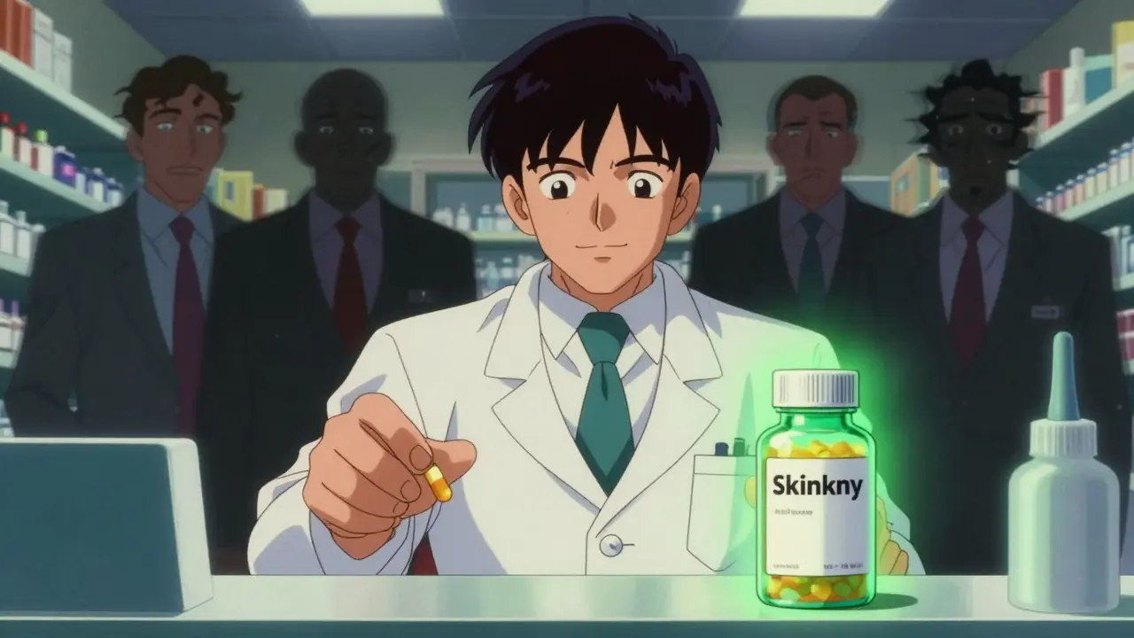 Pharmacist placing a skinny label pill bottle as corporate lawyers recoil in the background.