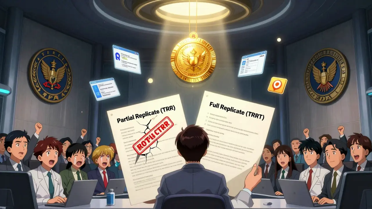 Regulatory courtroom scene with partial replicate rejected and full replicate approved, glowing seals and software icons floating nearby.