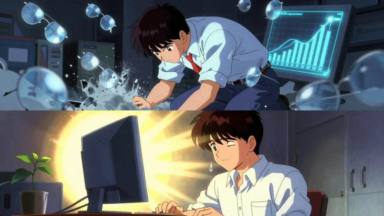 Split scene: crumbling tech gadgets above, person with proper ergonomics and sunlight below.