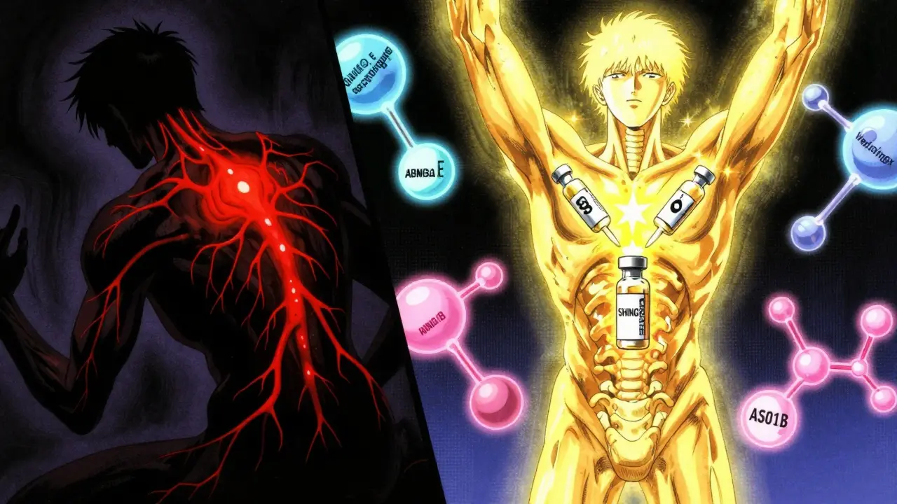 Split scene: one side shows shingles pain, the other shows protective vaccine energy glowing from a shot.