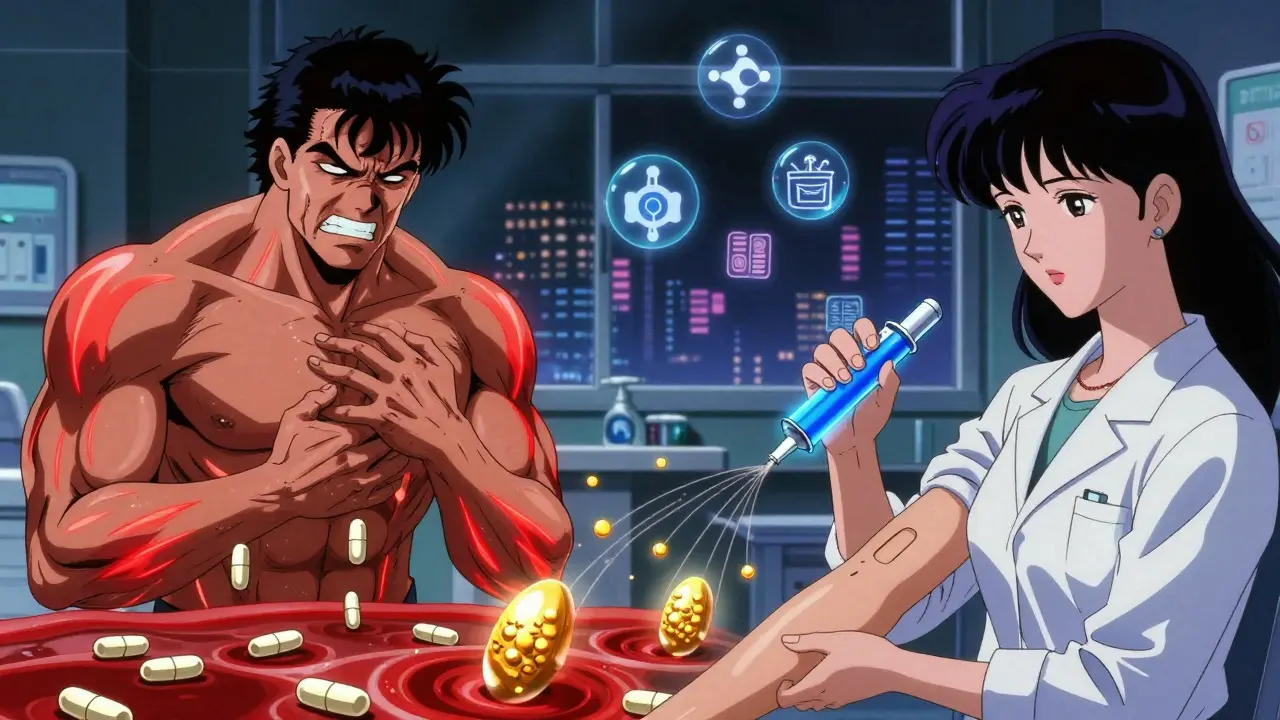 Split-screen: man in pain with statins vs. woman calmly injecting PCSK9 inhibitor with golden receptor threads.