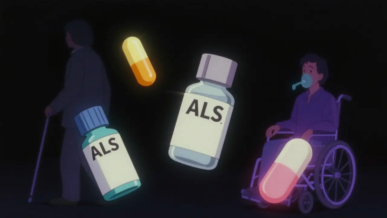Three ALS medications float in mid-air with silhouettes of patients at different disease stages behind them.