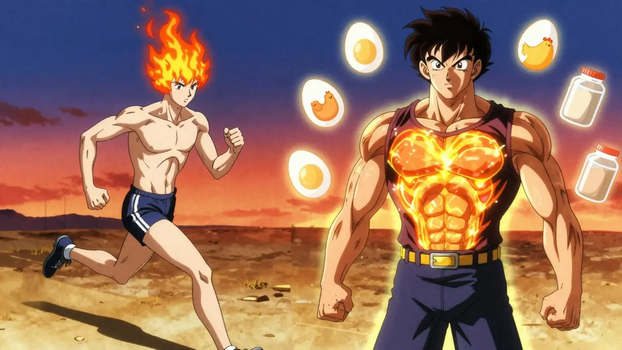 Two contrasting bodies: one weak with fading energy, one strong with glowing muscle metabolism.