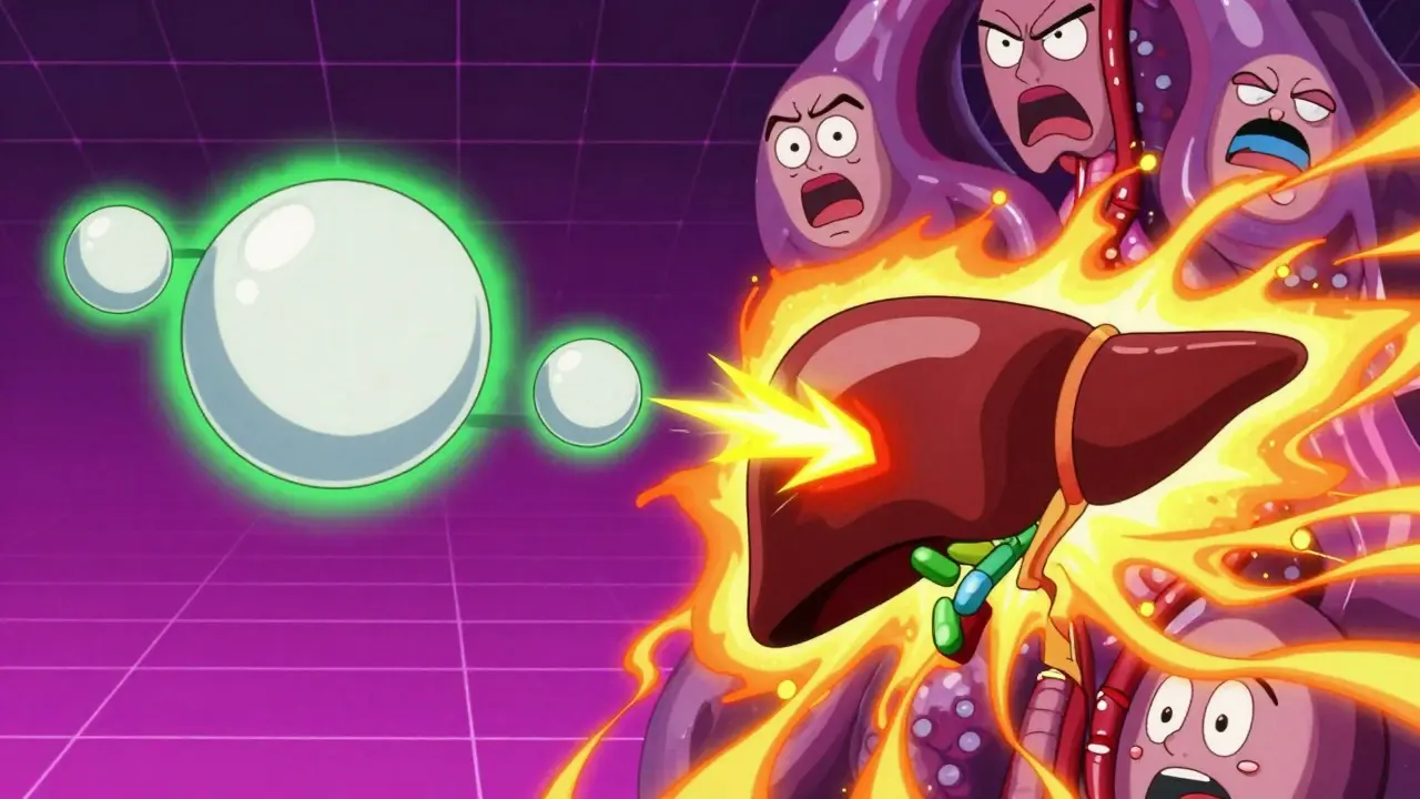 Valproate and lamotrigine orbiting with carbamazepine pulsing nearby, liver in background