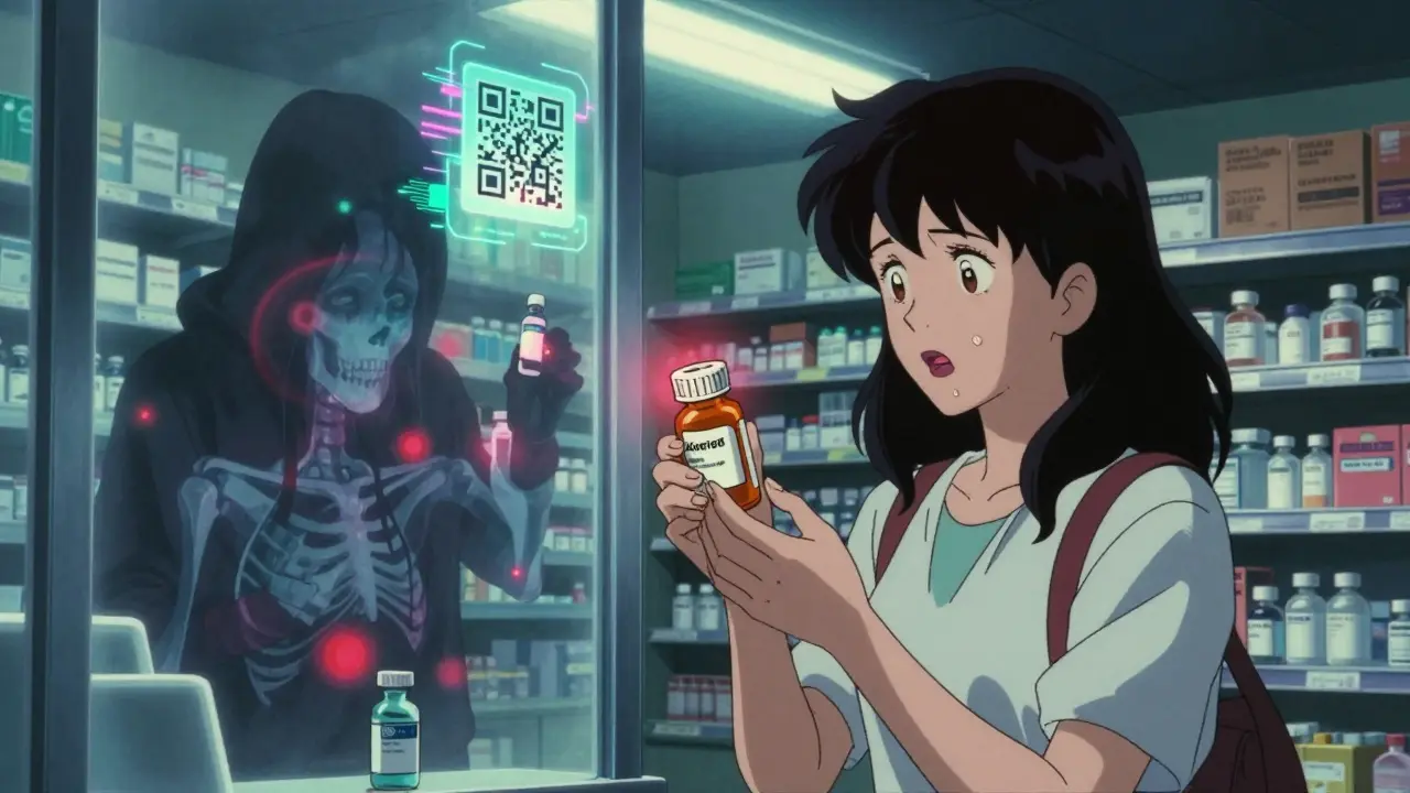 Woman in pharmacy staring at fake blood pressure pills that glow with toxic red energy.