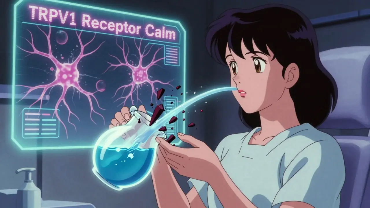 Woman using saline rinse with glowing particles dissolving nasal irritants