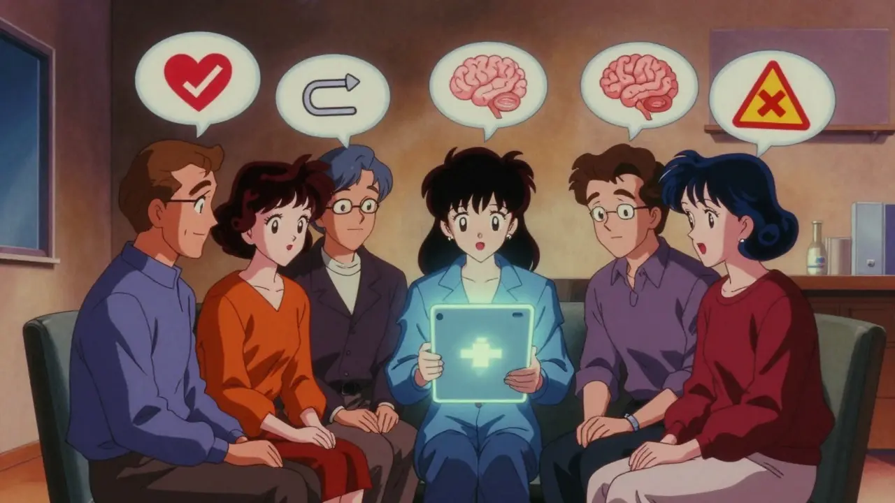 A group of adults around a medical tablet with thought bubbles showing heart, brain, and warning symbols during a planned medication break consultation.