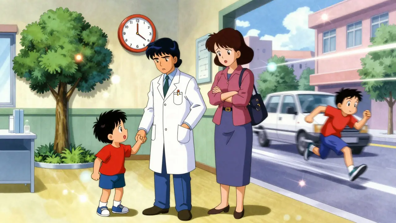 A mother and pediatrician in a clinic with floating icons showing a child running into traffic, highlighting ADHD medication holiday dangers.