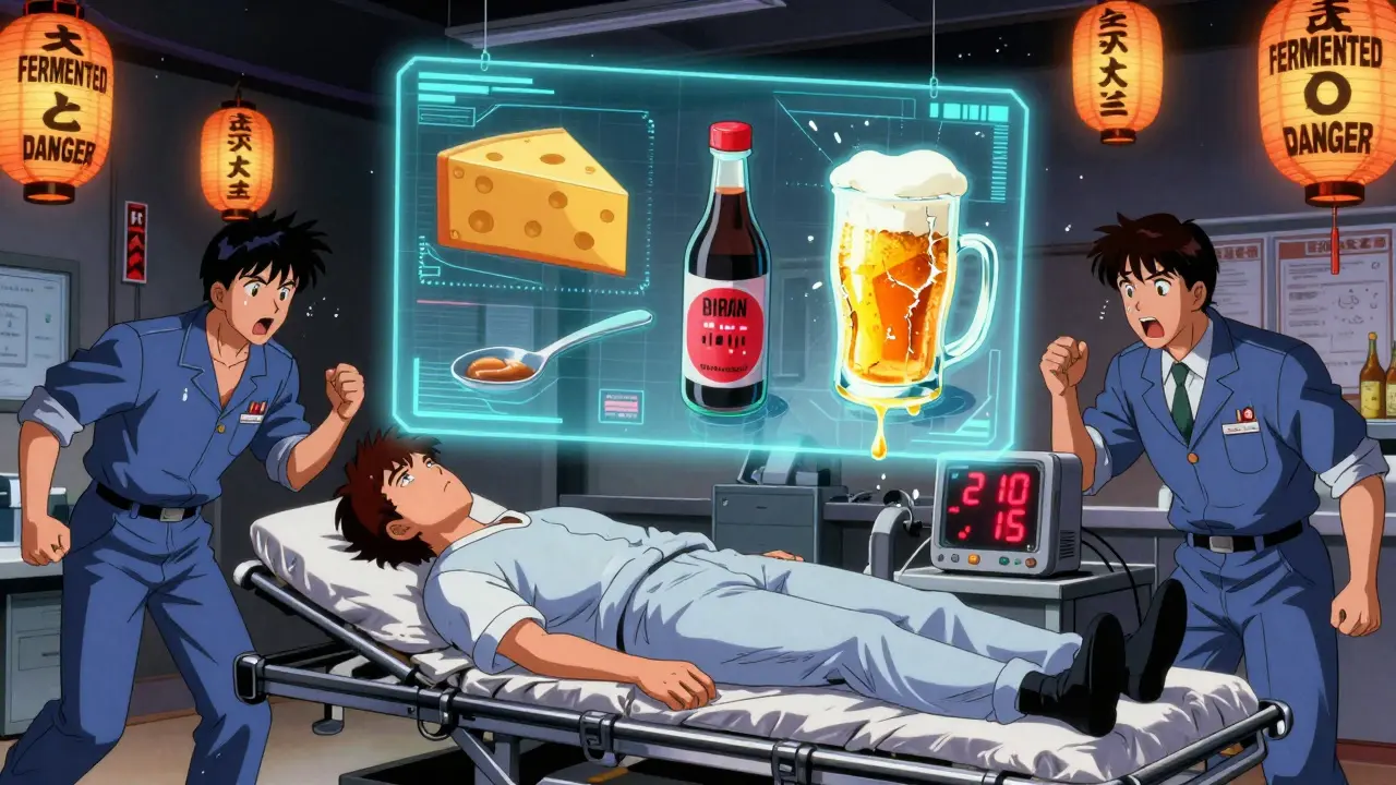 A patient in emergency room with floating tyramine food warnings and high blood pressure monitor.