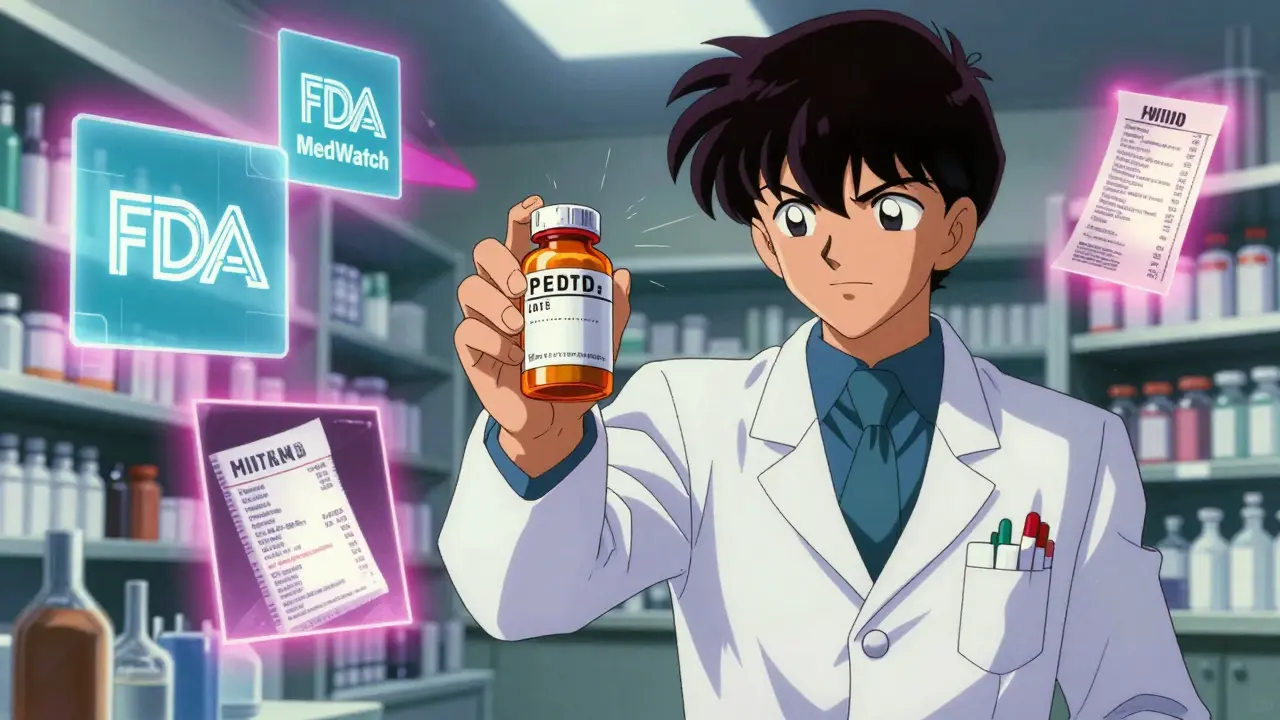 A pharmacist examining a counterfeit medicine bottle with glowing evidence icons.