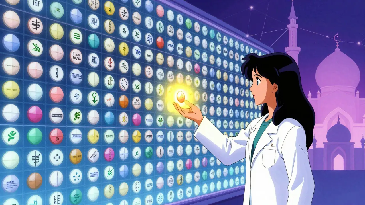 A pharmacist stands before a digital wall of labeled generic pills, with a Muslim woman reaching for a halal-certified capsule.