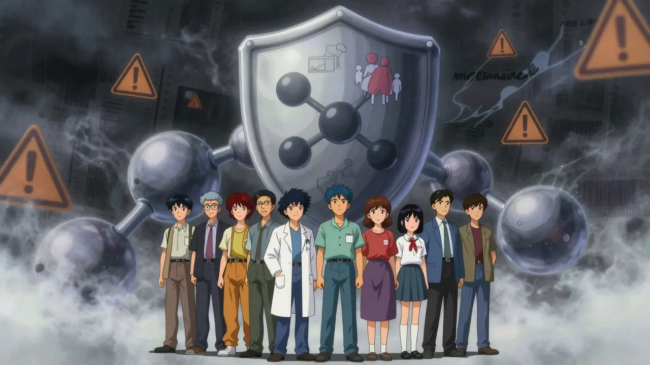 A shield-shaped buprenorphine molecule protects people from overdose risks, symbolizing safety and recovery.