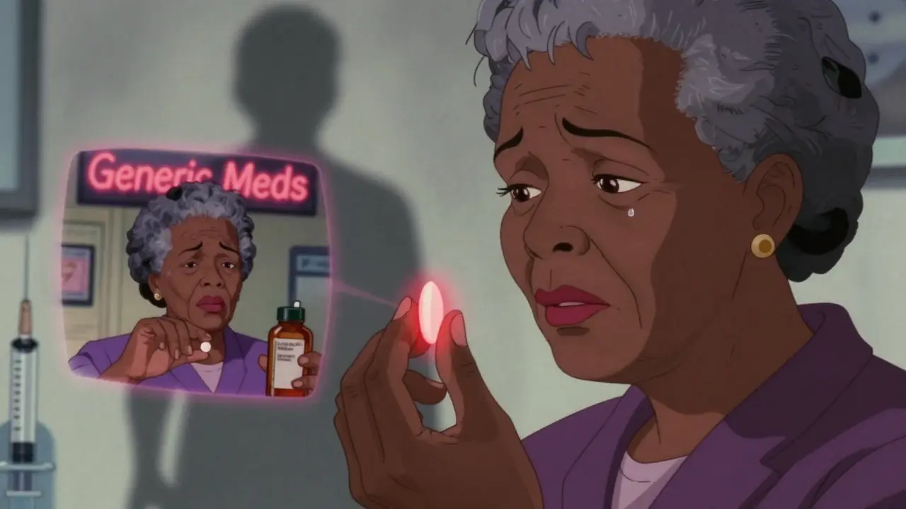 An elderly African American woman stares at an oval generic pill, haunted by a memory of her mother taking a round one.