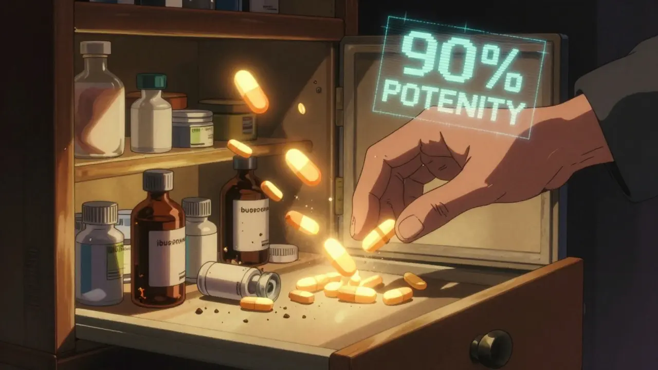 An elderly person reaching for safe expired pills from a medicine cabinet as dangerous ones crumble.