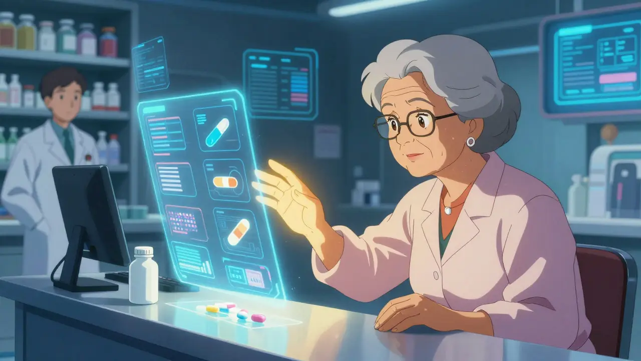 An elderly woman choosing a generic pill in a futuristic pharmacy, warm light contrasting with cold tech.