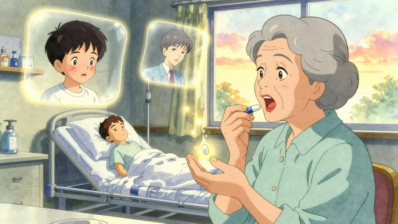 An elderly woman smiling as a pill dissolves into light, surrounded by memories of past illness and recovery in soft 80s anime style.