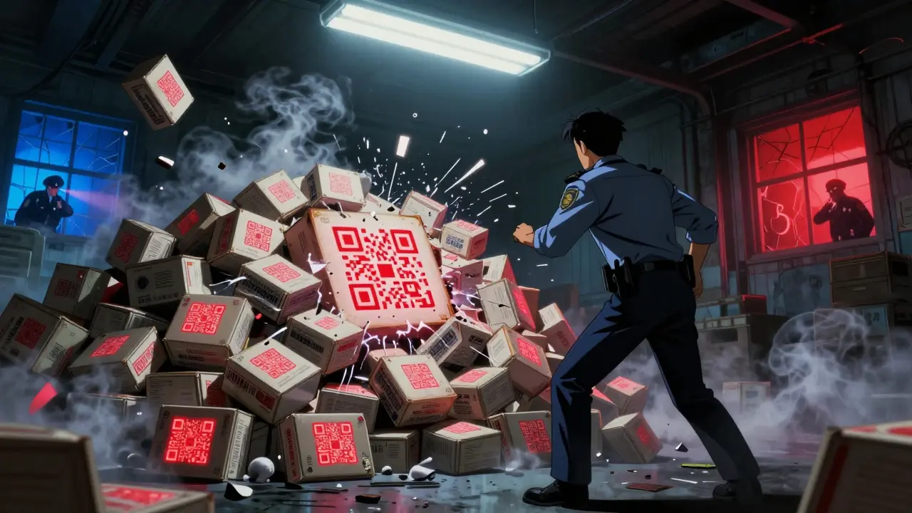 An investigator facing a warehouse full of fake drugs with shattering digital codes.