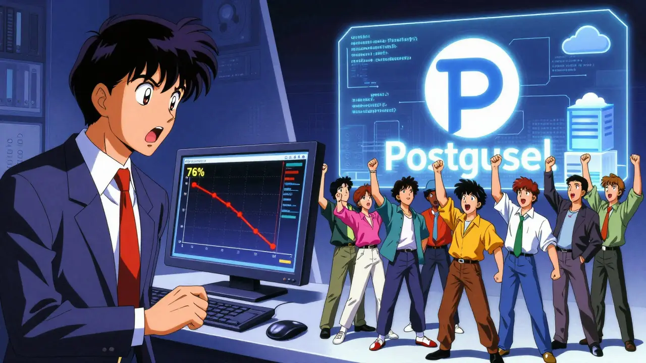 Corporate executive shocked by price drop graph while developers celebrate open-source software in 80s anime style.