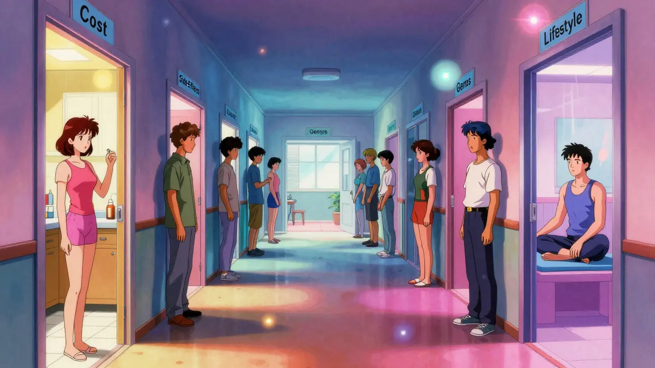 Diverse patients standing before glowing doors representing medication choices, bathed in neon 80s anime light.
