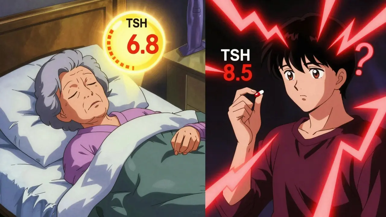 Elderly woman at peace with normal TSH vs. younger person with antibodies and rising TSH, side-by-side anime scene.