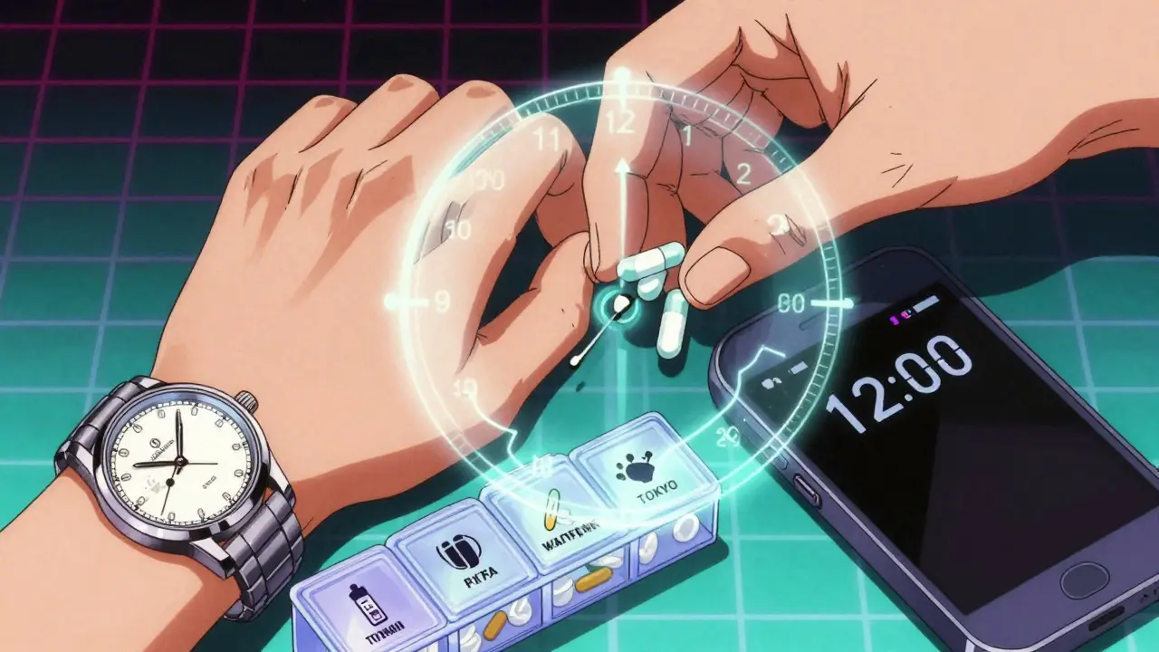 Hand placing medication into organizer with UTC time displayed on watch and phone, half-life energy lines visible.