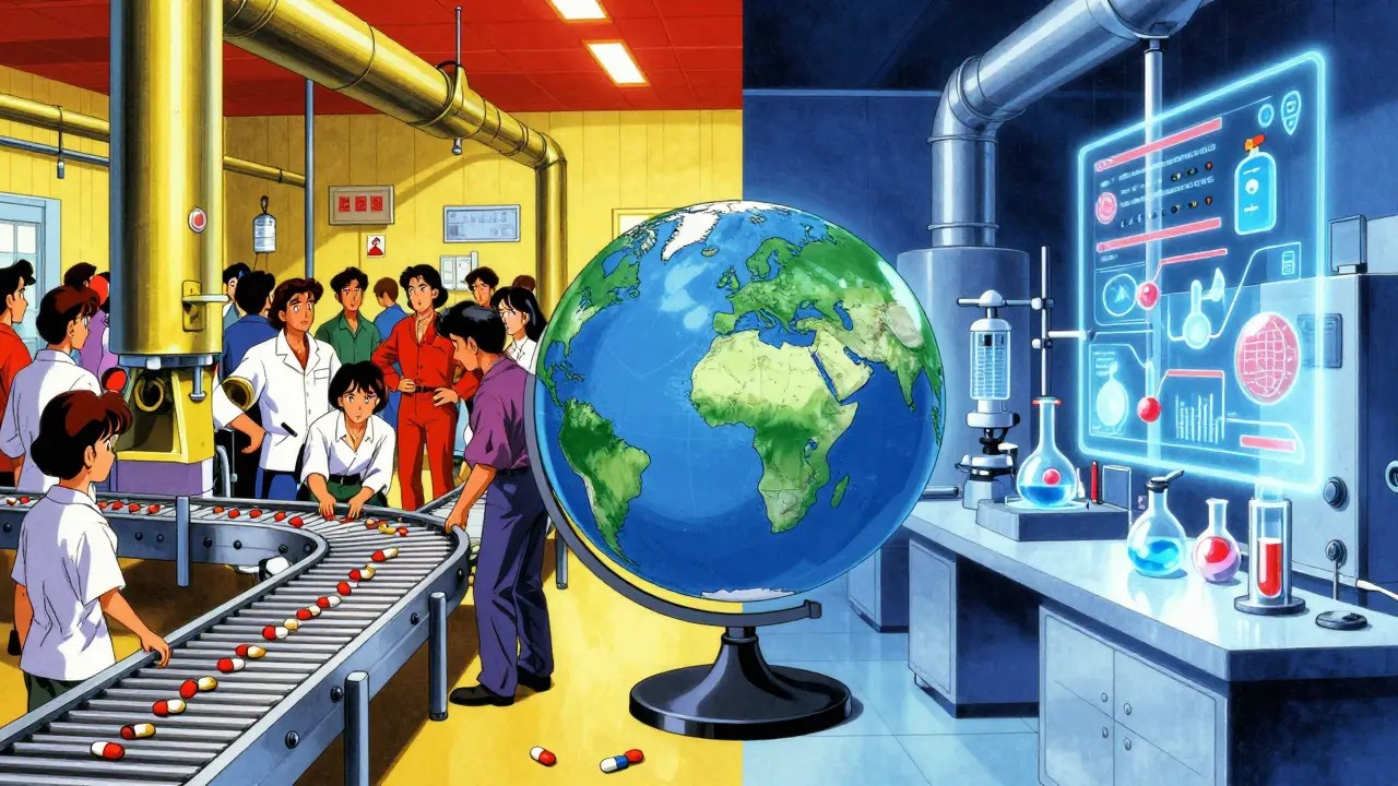 Indian generic drug factory and Chinese biotech lab producing high-value medicines.