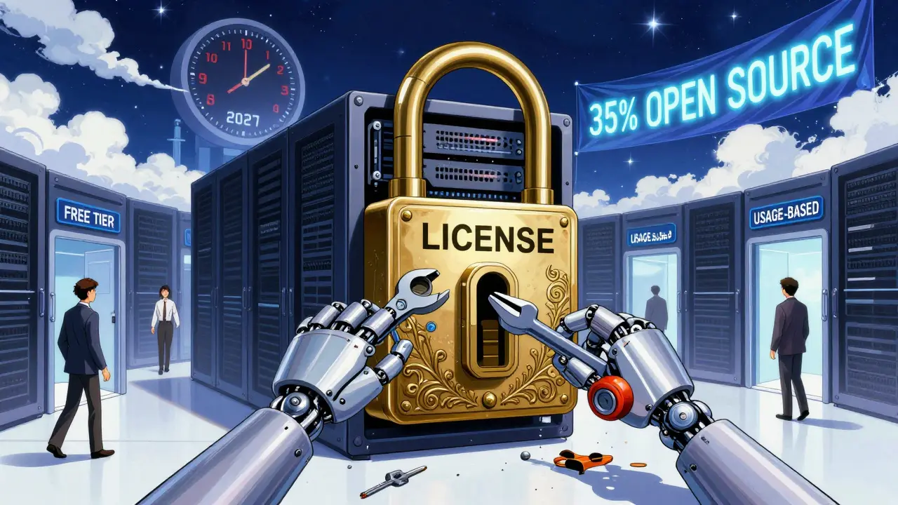 Massive license lock dismantled in server room as customers enter free tiers, neon countdown to 2027 in background.