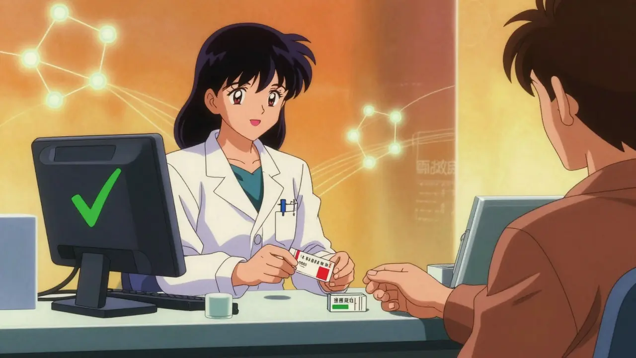 Pharmacist scans drug, green checkmark appears as patient receives medicine.