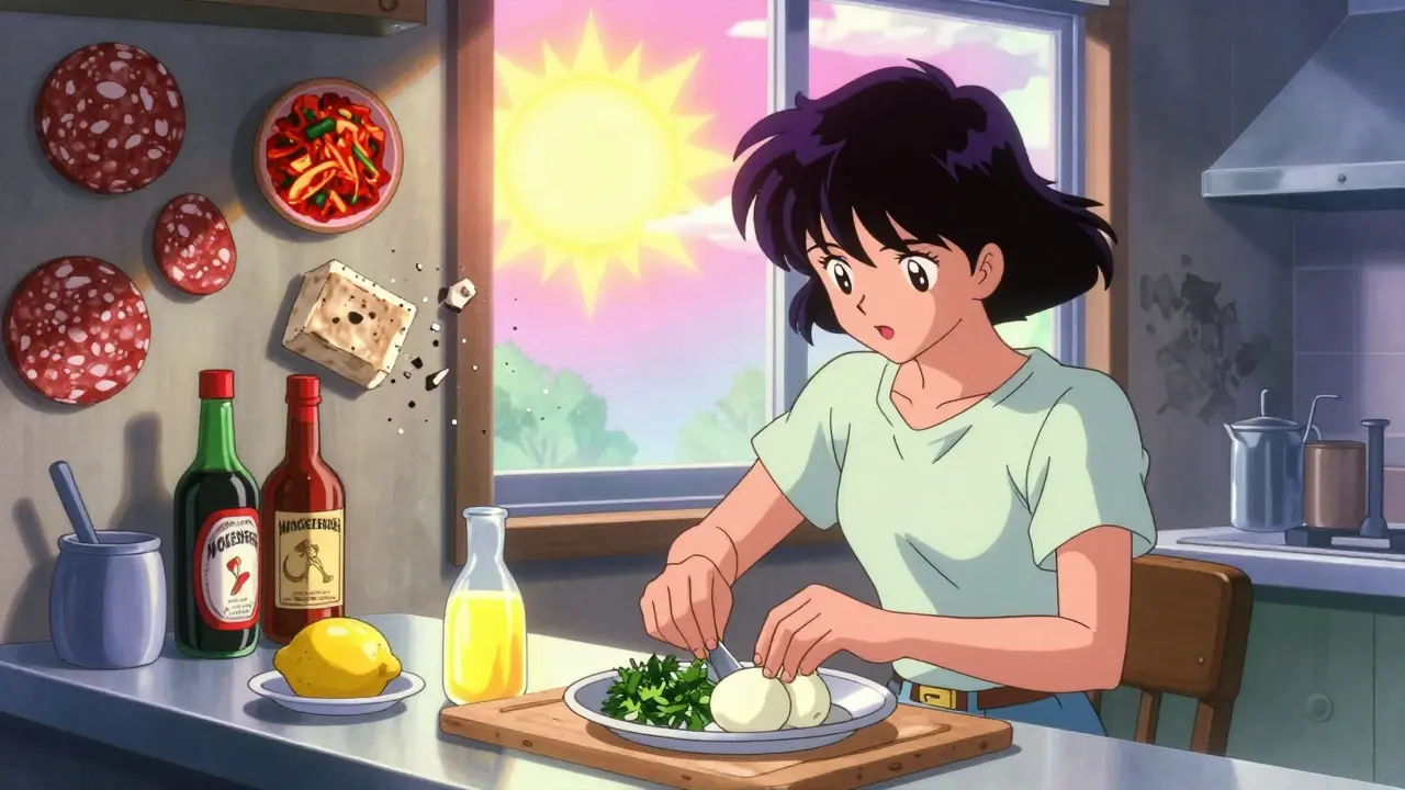 Someone cooking safe foods while forbidden fermented items crumble into dust, in 80s anime style.