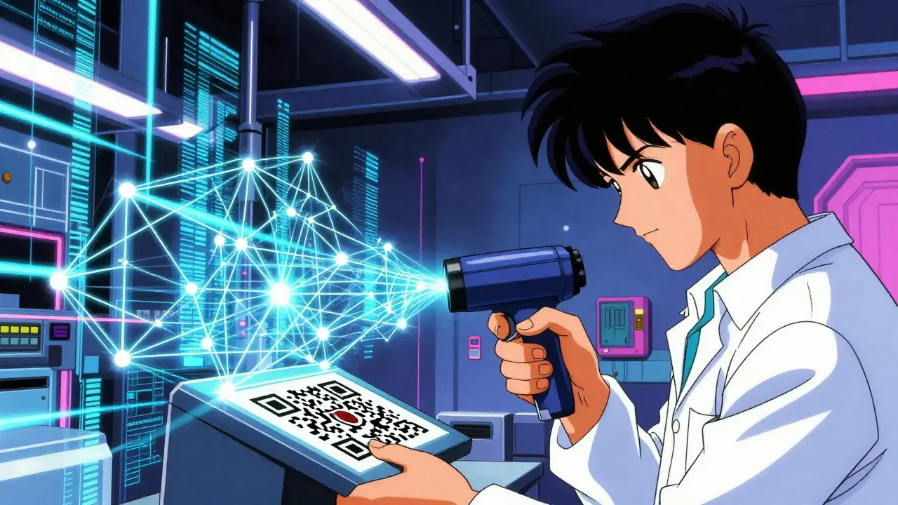 Technician scanning QR code with glowing blockchain data streams in factory.