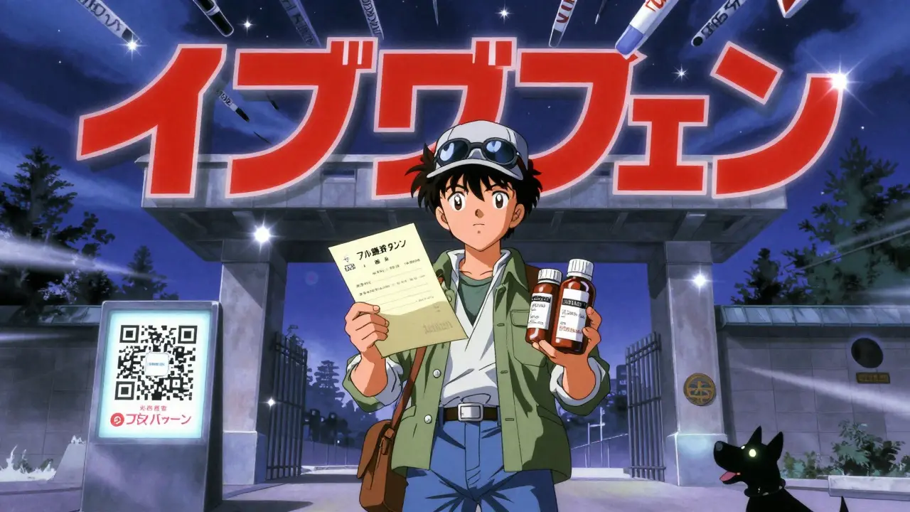 Traveler at customs gate with floating kanji drug names and glowing QR code behind them.