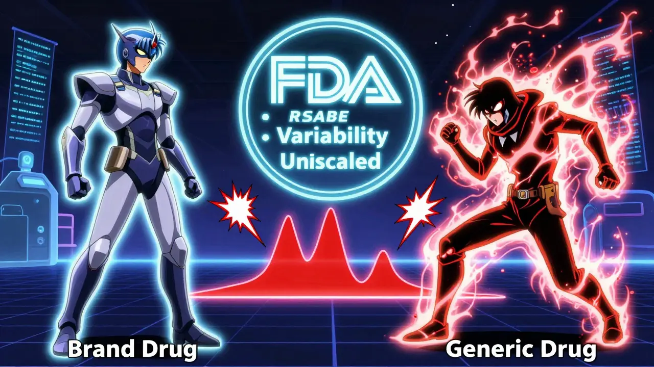 A branded drug warrior battles a fluctuating generic warrior, with FDA criteria glowing as a gate between them.