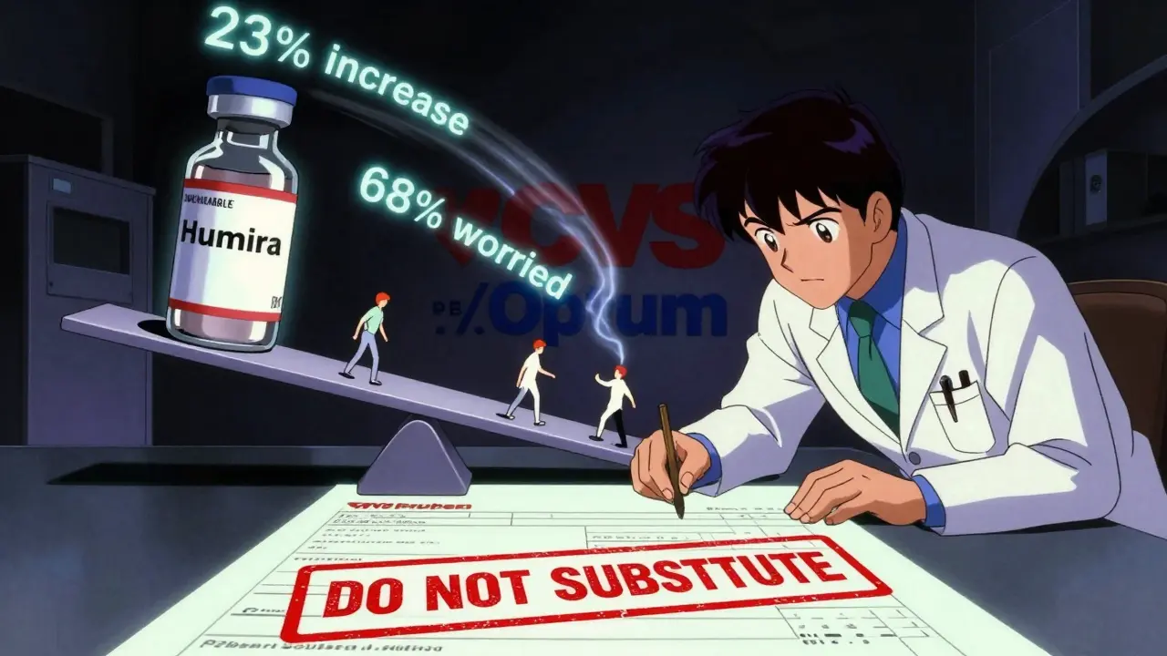 A doctor and pharmacist reviewing a prescription with 'DO NOT SUBSTITUTE' stamp, while shadowy forces manipulate drug costs in 80s anime style.