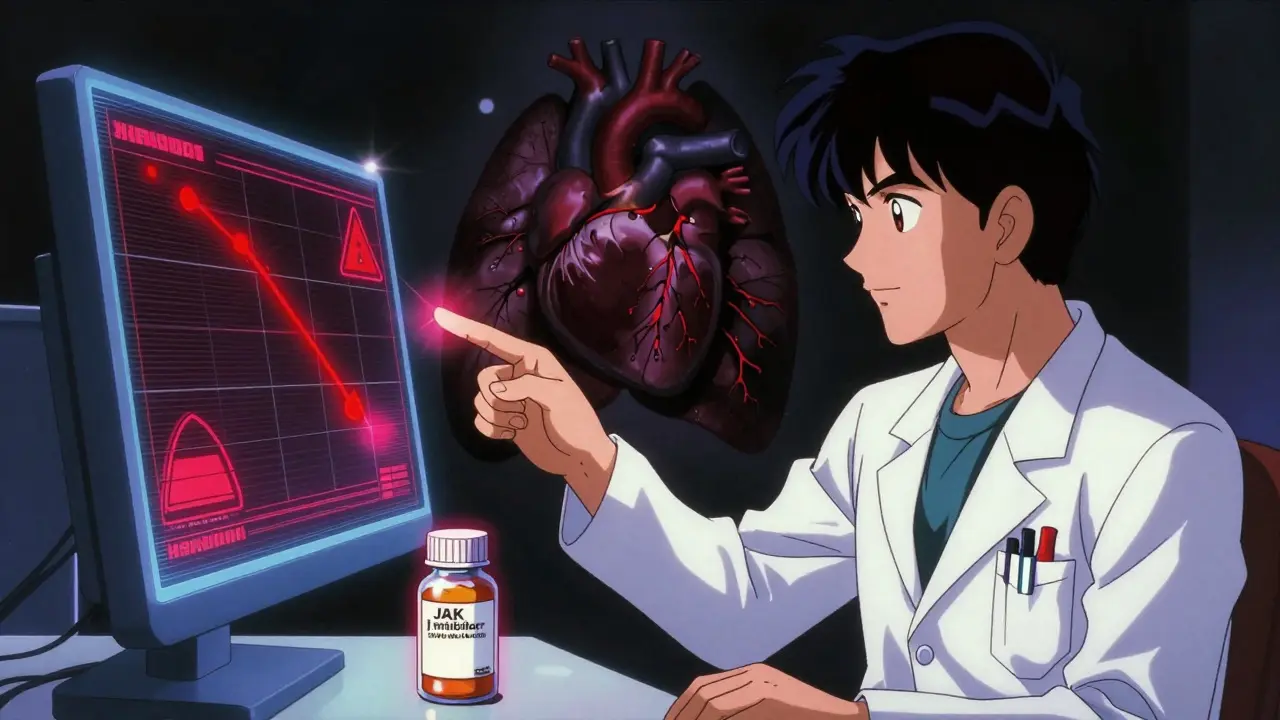 A doctor monitoring blood test results with warning symbols flashing near a JAK inhibitor pill.