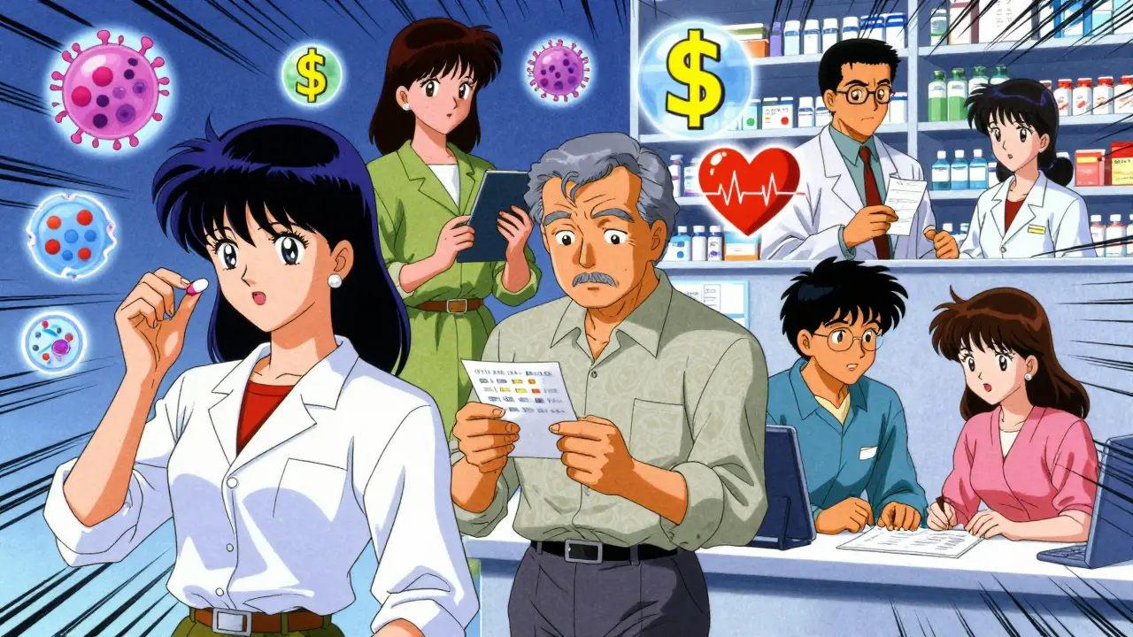 A group of RA patients in different settings with symbolic icons of treatment, cost, and immune response floating around them.