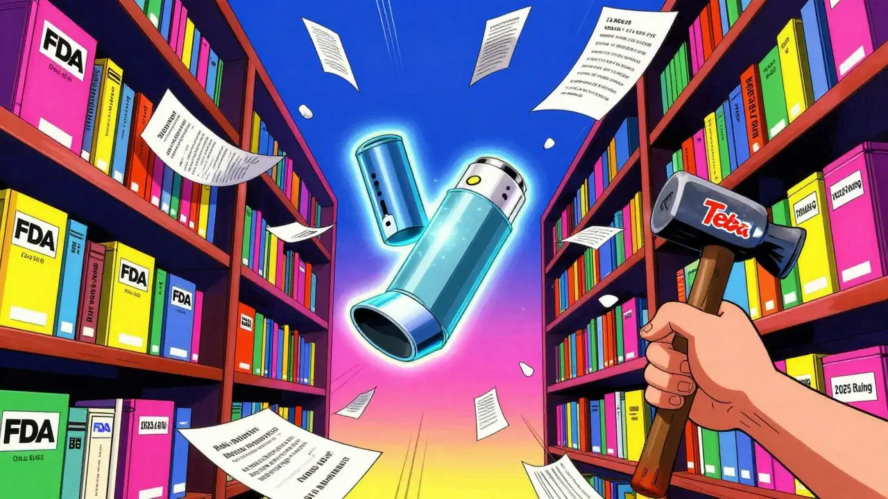 A library of the Orange Book with absurd patents crumbling, as a reforming hand smashes through the shelves.