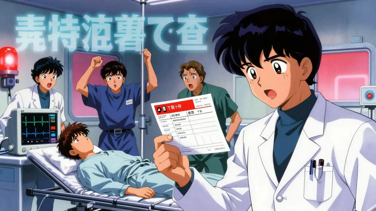 A patient in an ER is monitored as a doctor holds up photos of the wrong medication and prescription.