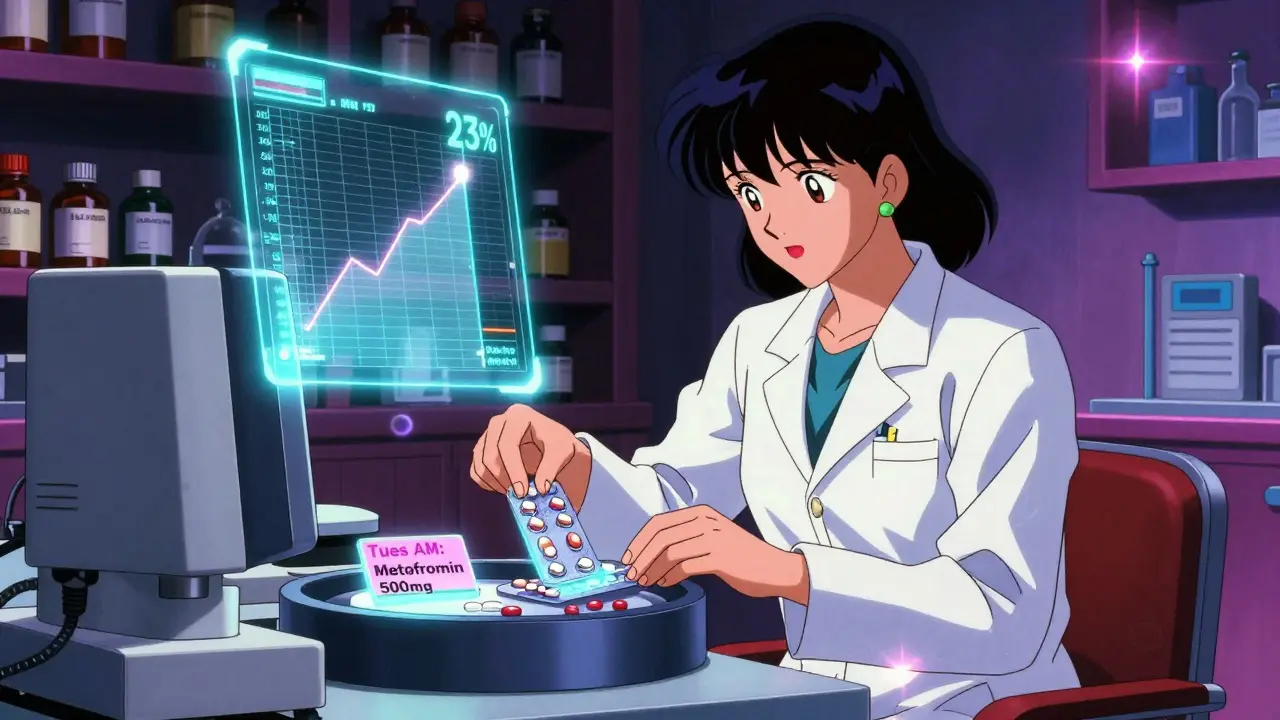 A pharmacist assembling a custom blister pack with glowing day/time labels in a high-tech pharmacy setting.