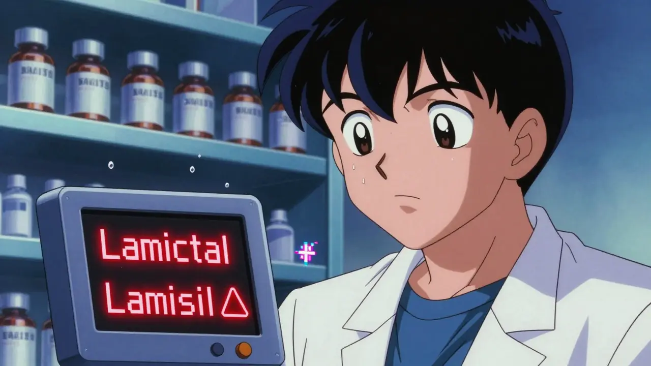 A pharmacist stares at a digital screen showing confusingly similar drug names with warning symbols.