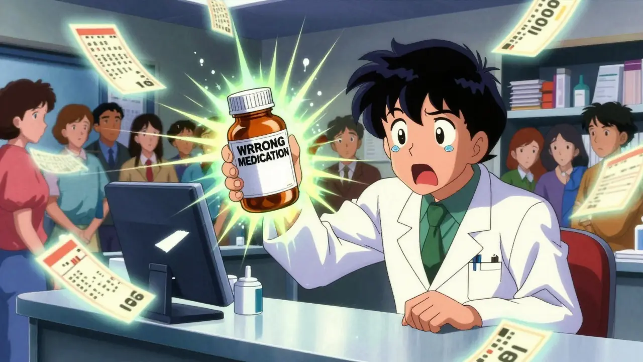 A pharmacist surrounded by floating, spinning prescription labels in a chaotic anime scene.
