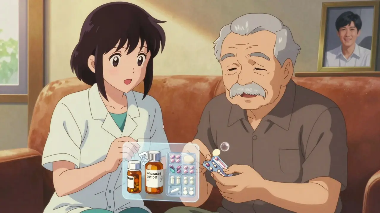 An elderly man and caregiver smiling together as he opens an easy-pull blister pack with one pill already taken.