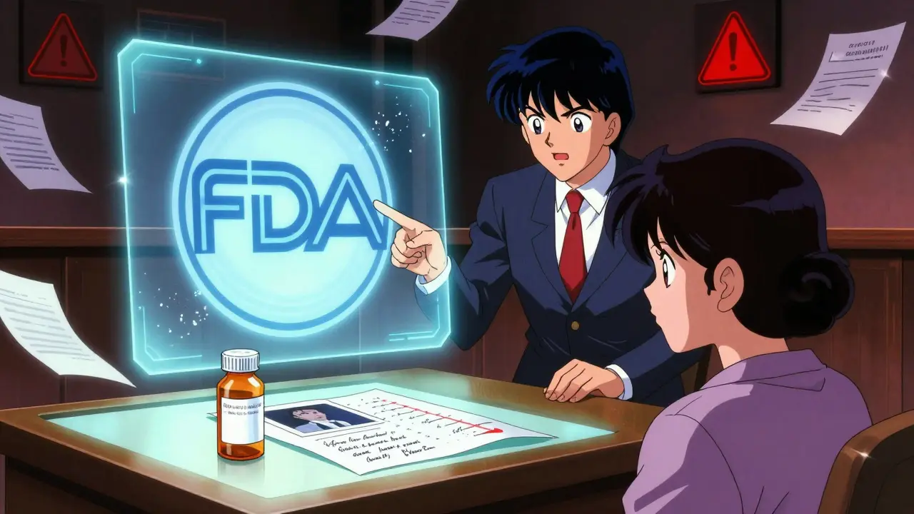 Courtroom scene with glowing evidence including a wrong medication bottle and FDA logo.