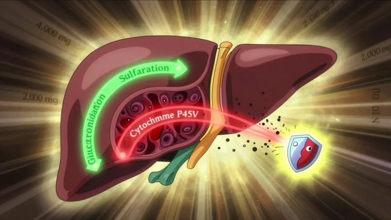 Cross-section of a liver with glowing pathways, NAPQI particles corroding cells, glutathione shield breaking.