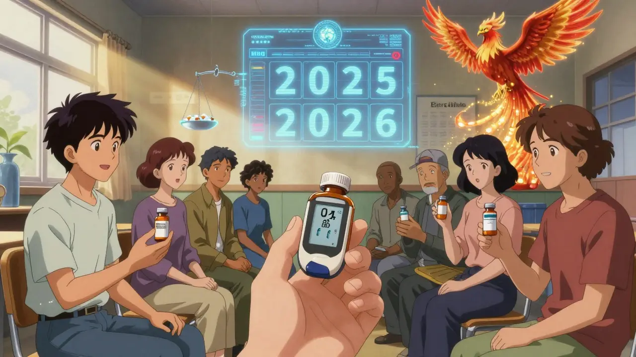 Diverse patients in a community center holding medications, with a holographic calendar flipping to 2026 and a phoenix of pills rising behind them.