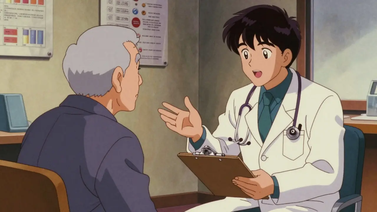 Doctor consulting with older patient about medication safety.