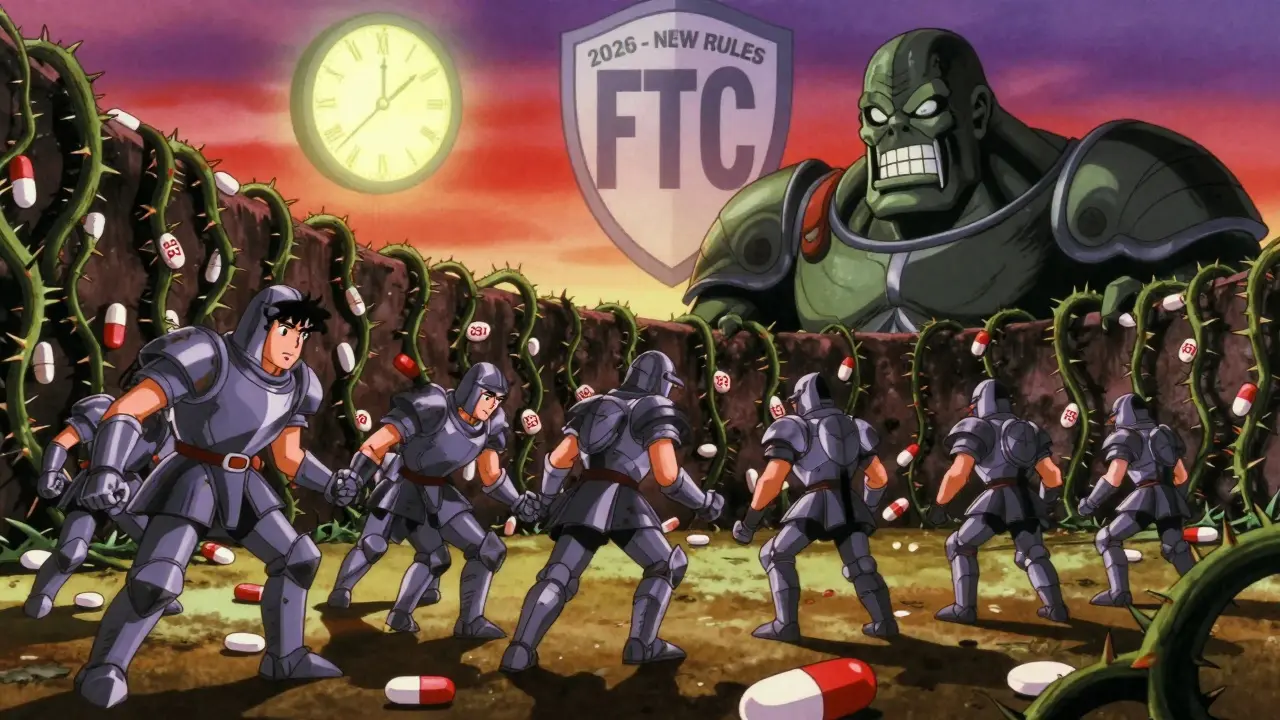 Generic drugs charging against a wall of patent vines, representing legal barriers to affordable medicine.