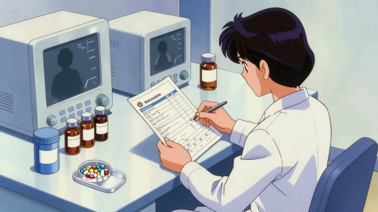 Healthcare professional reviewing medication records in clinic